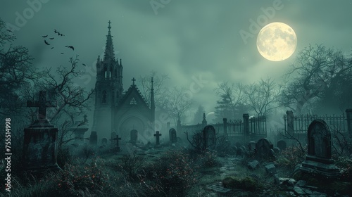 Night time cemetery with bats, moon and cloudy sky - Illustration in 3D.