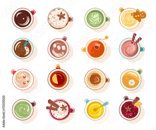 Different yummy beverages in cups, hot tea and coffee drinks in mug vector illustration set