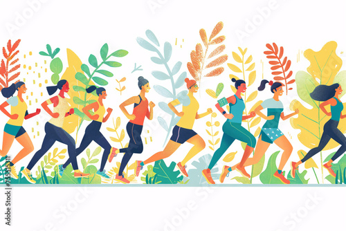 Extended illustration of runners in motion with a lush botanical backdrop