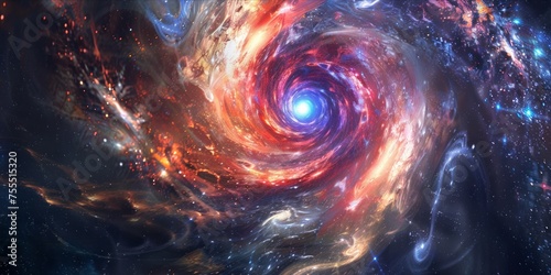 Colorful galaxy swirl in space.