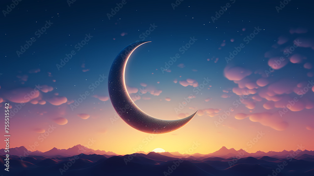 Ramadan illustration, golden shining crescent moon Ramadan illustration, golden shining crescent moon