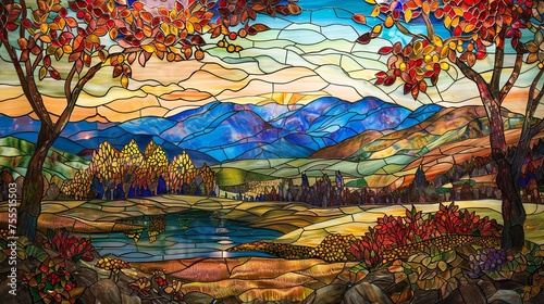 landscape with trees stained glass window 
