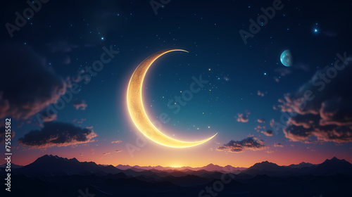 Ramadan illustration, golden shining crescent moon