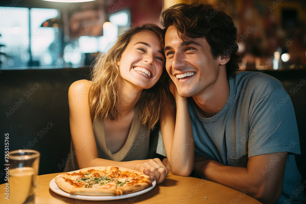 Happy young adult couple have fun eating a pizza together by night in traditional italian pizzeria restaurant sitting and touching romantic. People enjoying food and dating relationship. Tourists