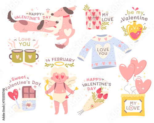 Valentines day lettering romantic composition stickers set with animals, cupid and flower bouquet