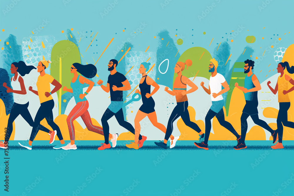 Group of diverse runners in motion on a stylized urban background