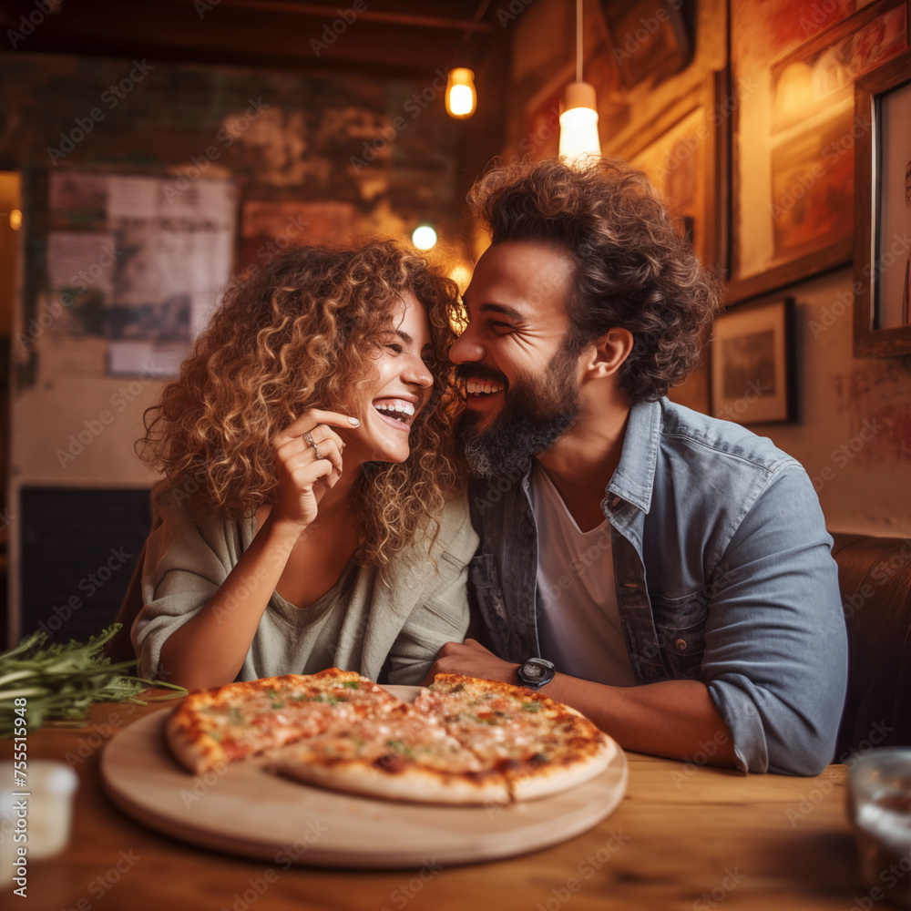 Happy young adult couple have fun eating a pizza together by night in traditional italian pizzeria restaurant sitting and talking and laughing. People enjoying food and dating relationship. Tourists