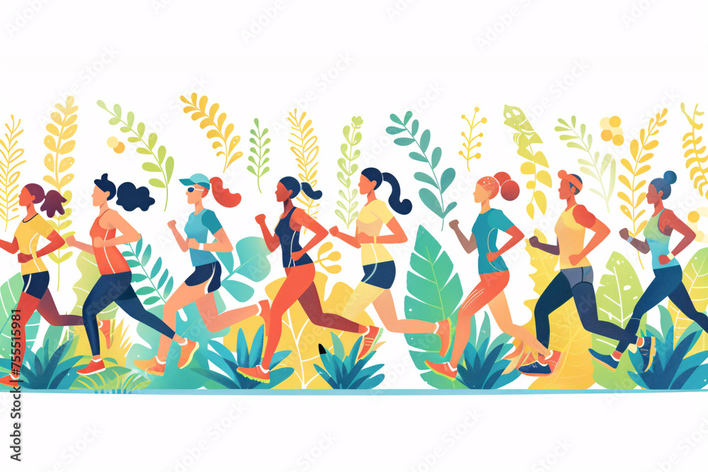 Colorful illustration of a diverse group of runners in motion on a plant-filled background