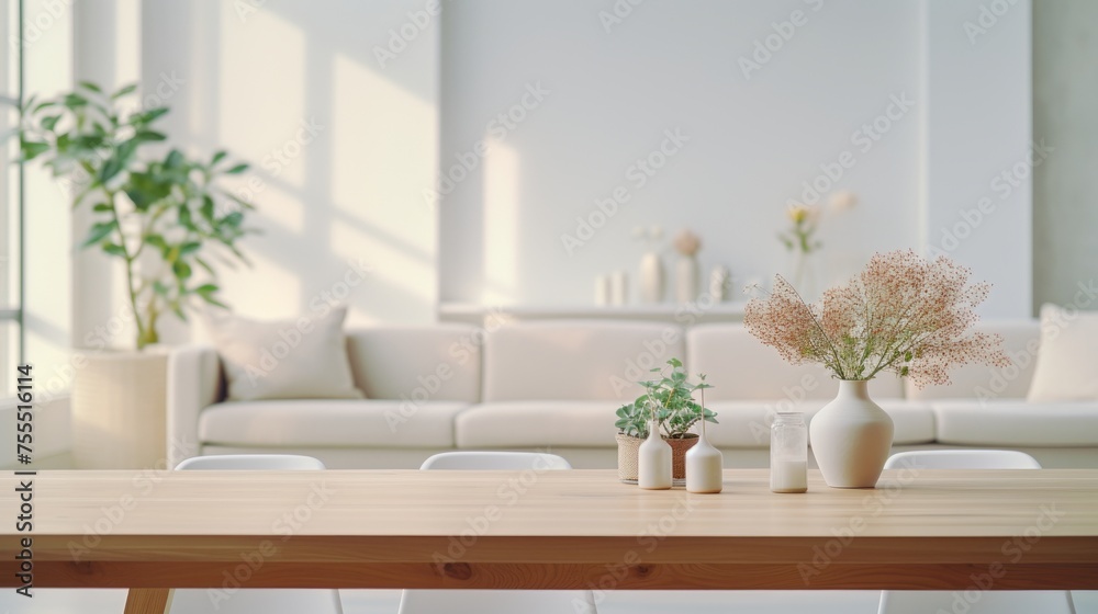 Fototapeta premium White dining table with a blurred modern scandinavian living room