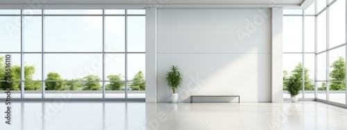 Modern office hall interior with a large window and empty space over the white wall