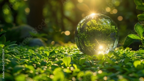 Globe Glass In Green Forest With Sunlight - Environmental Concept