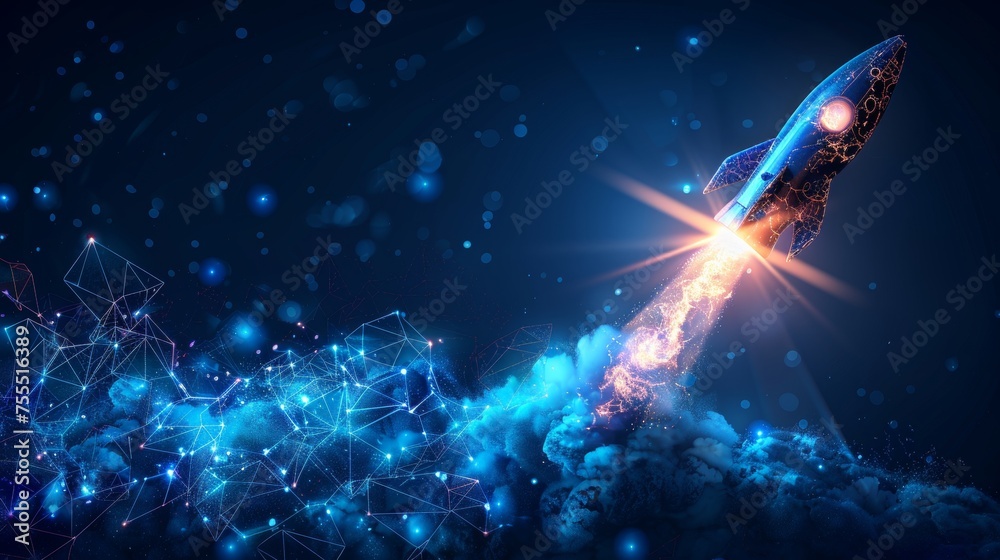 Blue glowing light bulb rocket launch with a wireframe light connection structure. Low poly style design with an abstract geometric background. Isolated  illustration. Modern 3D graphic concept. - obrazy, fototapety, plakaty 