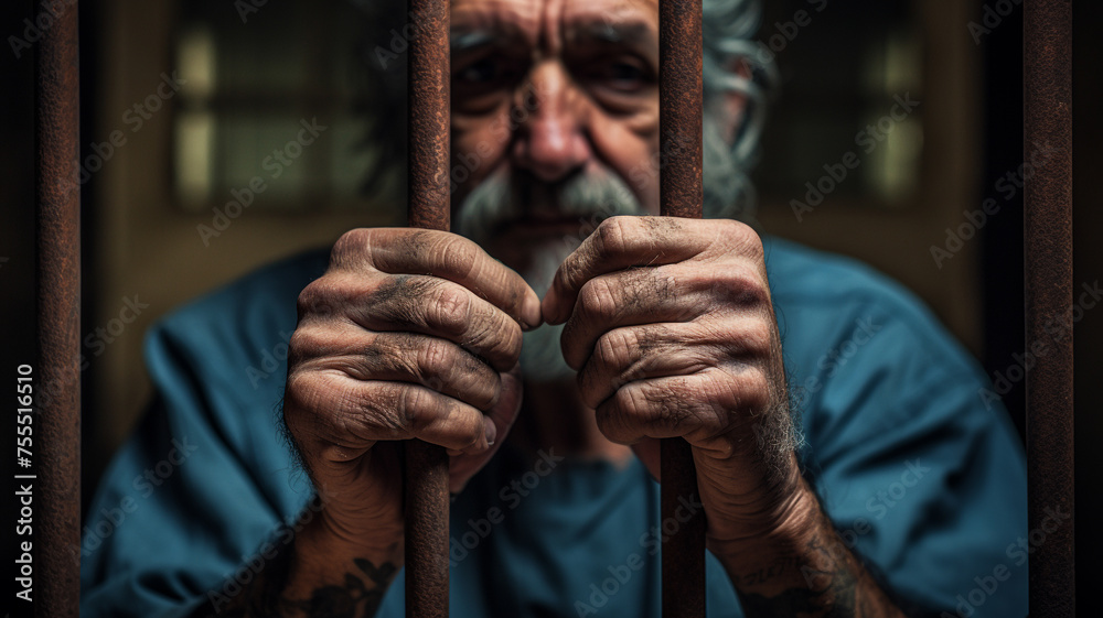 The hands of an old man holding the bars of a prison