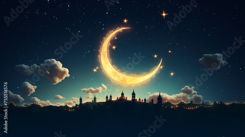 Crescent moon on charming sky islamic background