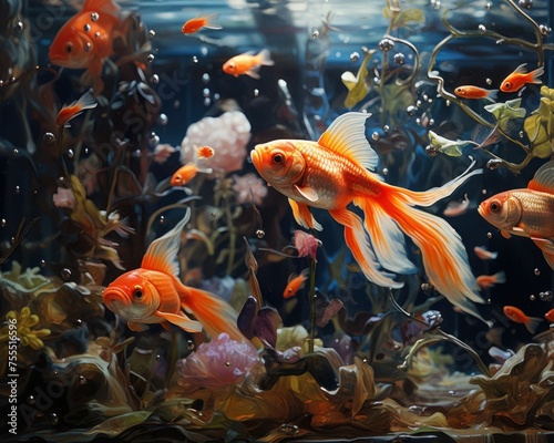 Fish in freshwater aquarium with beautiful planted tropical. Colorful back