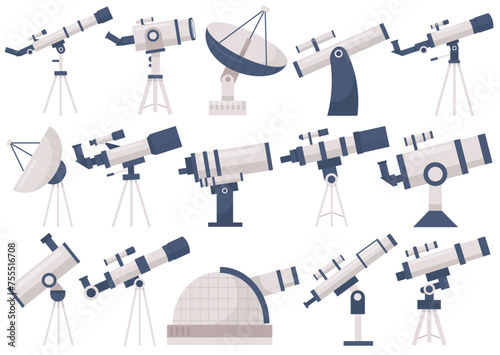 Astronomical telescopes isolated set with radio, orbital item, satellite dish, portable equipment