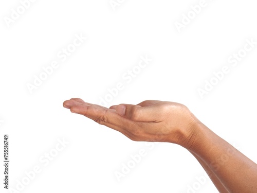 The man's hands open and stretched forward with two hands. On a white background business concept. photo