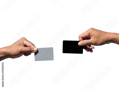 Two men's hands make a gesture of holding a black and gray card and handing it to each other. or gray business card Some types of documents, identity card or passport, isolated on white background.