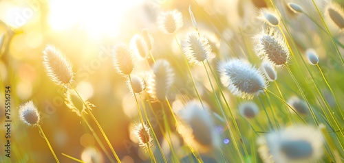 Panoramic Field Bunny tails grass or Lagurus Ovatus or rabit tails or tan pom pom plants. background, wallpaper, ornament.