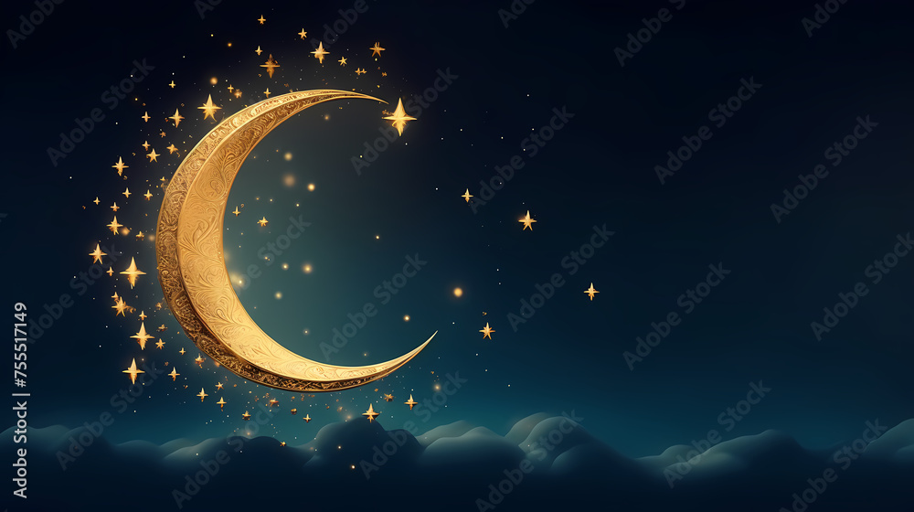 Fototapeta premium Crescent moon on charming sky islamic background