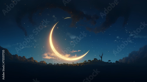 Crescent moon on charming sky islamic background © ma