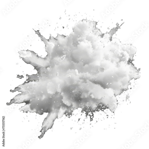 A realistic set of exploding clouds of white dust isolated on a transparent background. Powder explosion, snow burst, ice particles, snowflakes.