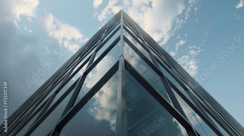 High rise building with a dark steel window system and clouds reflected in the glass. Concept of future architecture, looking at the angle of the building corner.