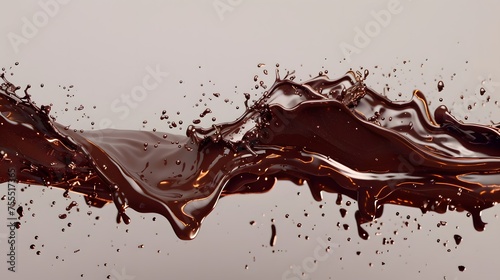 Realistic creamy chocolate long wave liquid, splashing droplets in long flow, Choco syrup or cocoa drink, dark brown, isolated on color background. copy space, mockup.