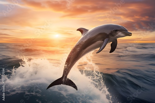 A pair of graceful dolphins leaping joyfully through the waves  their sleek bodies glimmering in the sunlight. 