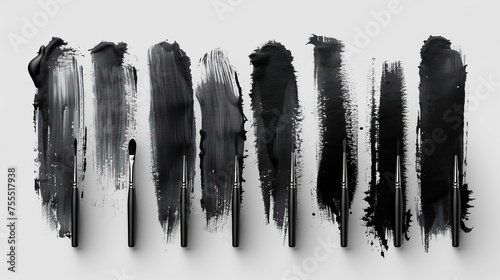 A set of realistic black marker marks isolated on a grunge paper background. This is a realistic brush line stroke set made with ink. photo