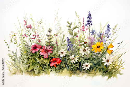 Fototapeta Naklejka Na Ścianę i Meble -  line of grass with wild flowers in watercolor design generative ai