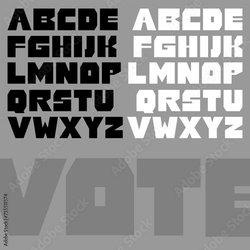 Abstract alphabet in black and white.
A font set of letters of simple shapes, thick, sans serif.