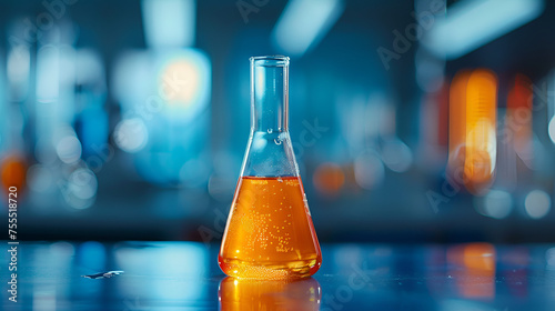 orange solution in science glass flask in blue chemistry, generative ai