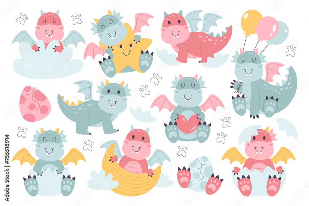 Baby shower cute cartoon character of baby dragon prehistoric period creature isolated set Baby shower cute cartoon character of baby dragon prehistoric period creature isolated set