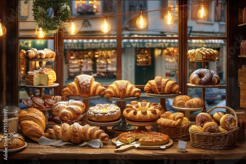 A cheerful bakery window display showcasing an assortment of golden-brown croissants, flaky pastries, and glazed donuts. 