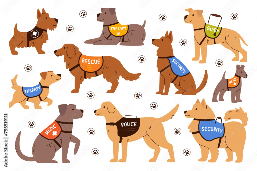 Trained security, medical, guide, therapy and rescuer service dogs assistants cartoon characters set