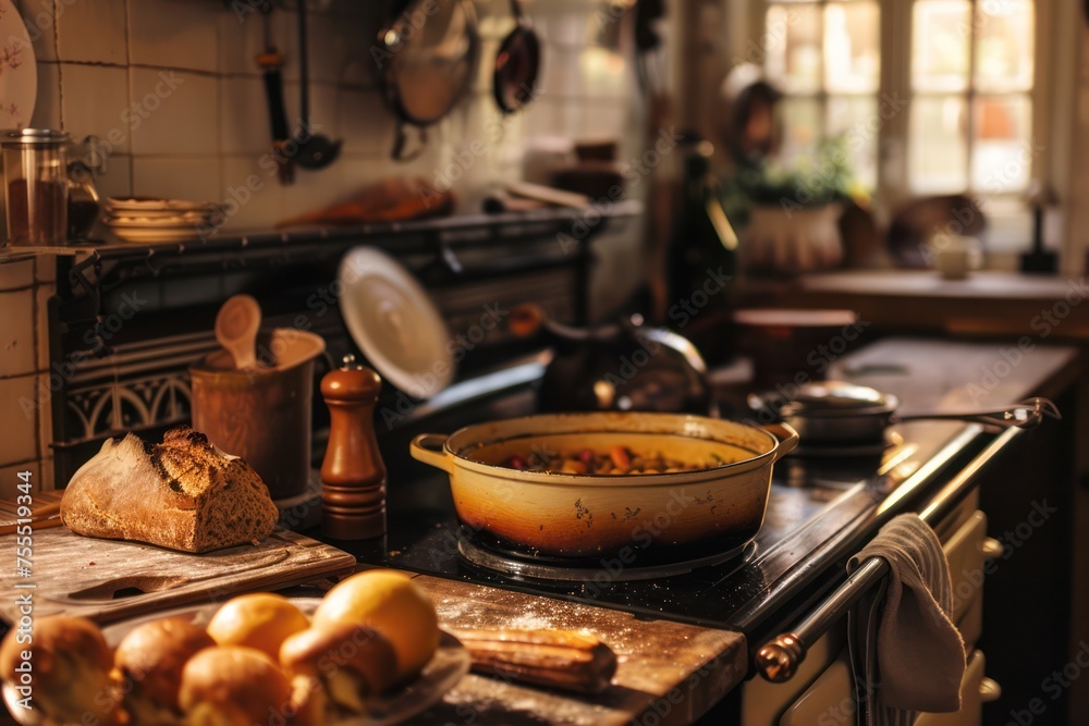 A cozy kitchen scene with a bubbling pot of homemade soup on the stove and freshly baked bread cooling on the counter. 