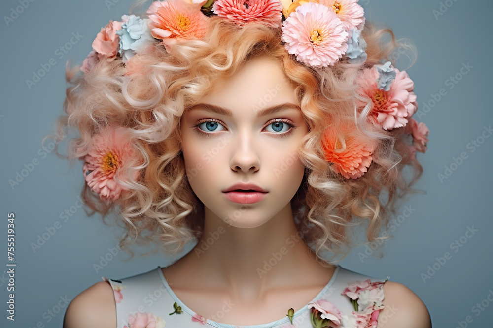 portrait of beautiful caucasian woman with hair made of wild flowers, artistic composition, brown hair