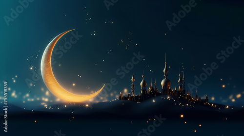 Starry night with glowing islamic crescent moon  Ramadan