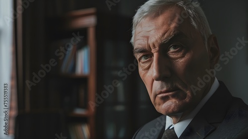 Close up of a senior businessman with a tense face full of charisma on office.