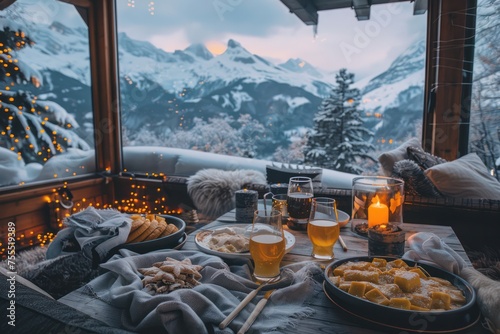 A cozy winter chalet with plates of fondue, glasses of mulled wine, and a view of snow-capped mountains. 