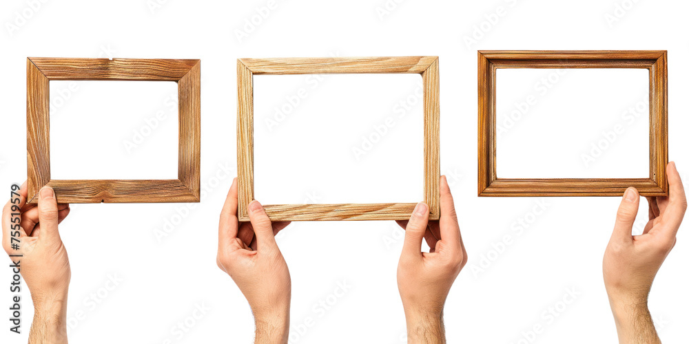 Empty Wooden Frame Held by Hands isolated on Transparent Background. Wooden Frame with copy space Empty Wooden Frame Held by Hands isolated on Transparent Background. Wooden Frame with copy space