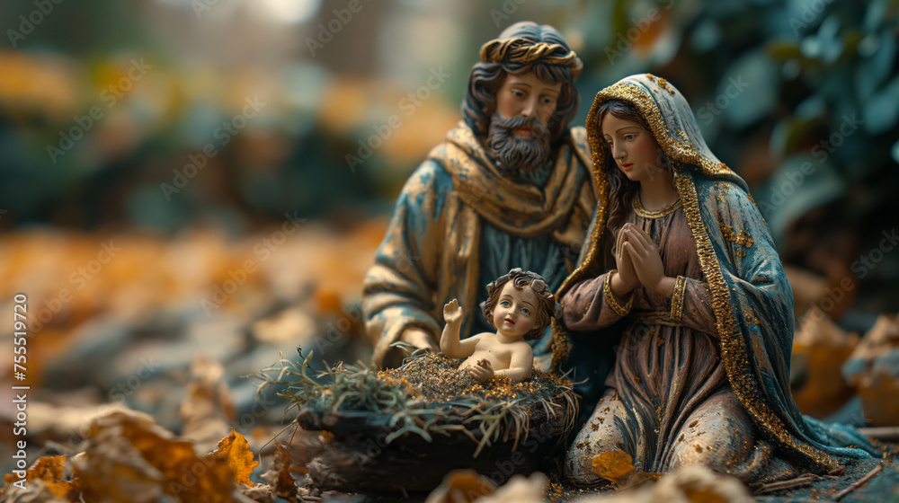 Christmas nativity scene with Mary, Joseph, looking down on baby Jesus in his manger Christmas nativity scene with Mary, Joseph, looking down on baby Jesus in his manger