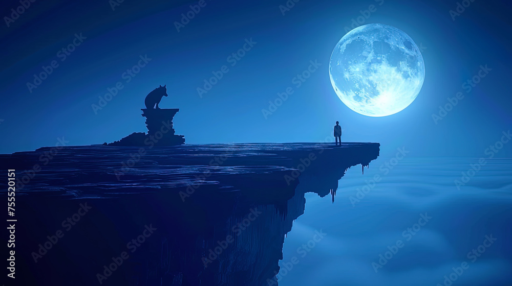 A man stands on a cliff, gazing at the moon in the night sky