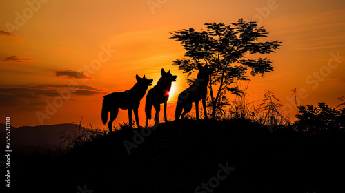 Giraffes standing together on a hilltop