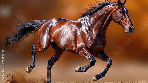 A brown horse running energetically on a dusty field