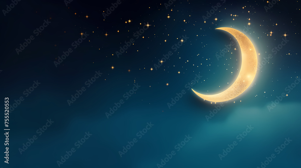 Fototapeta premium Starry night with glowing islamic crescent moon, Ramadan