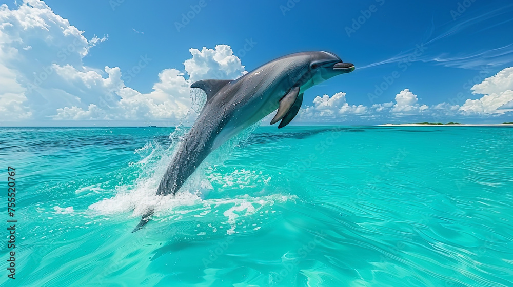 A dolphin leaps out of the ocean with a graceful arc against a clear blue sky
