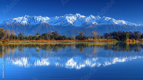Mountain range reflected in lake under clear sky