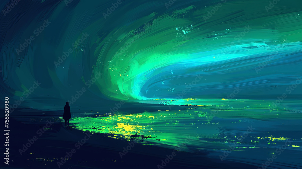 A painting depicting a man standing in front of the stunning aurora borealis